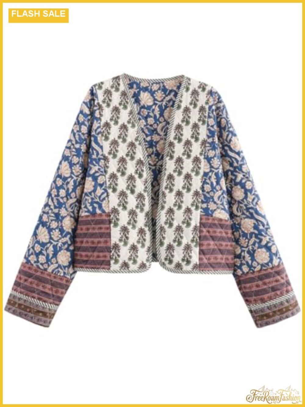 Floral Cropped Quilted Lightweight Puffer Jacket Women Open Front